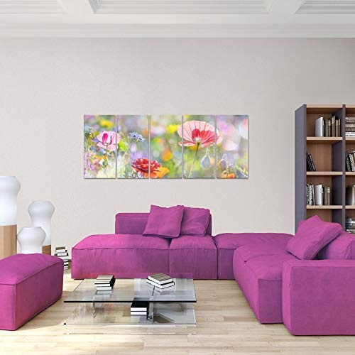 Bilder Blumen Mohnblume Wandbild 150 x 60 cm Vlies - Leinwand Bild XXL Format Wandbilder Wohnzimmer Wohnung Deko Kunstdrucke Pink 5 Teilig - MADE IN GERMANY - Fertig zum Aufhängen 007556a