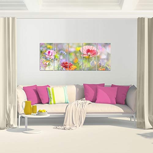 Bilder Blumen Mohnblume Wandbild 150 x 60 cm Vlies - Leinwand Bild XXL Format Wandbilder Wohnzimmer Wohnung Deko Kunstdrucke Pink 5 Teilig - MADE IN GERMANY - Fertig zum Aufhängen 007556a