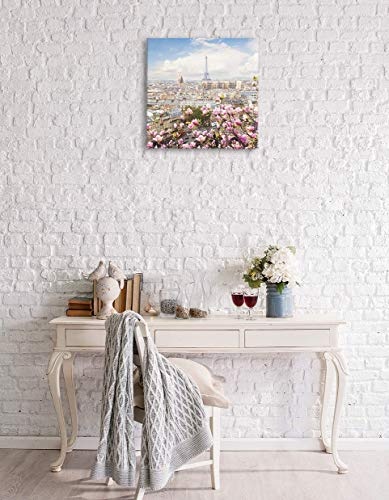 Revolio - Bilder - Leinwandbild - Wandbilder - Kunstdruck - Design - Leinwandbilder auf Keilrahmen 1 Teilig - Wanddekoration - Größe: 50x50 cm - Paris Blumen pink
