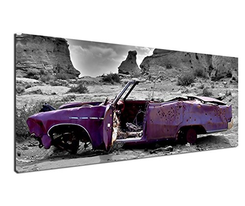 Leinwandbild Bild Pink Cadillac Kunstdruck Druck Wandbild Auto Wüste schwarz weiß Panorama XXL einteilig No.60 150x50cm