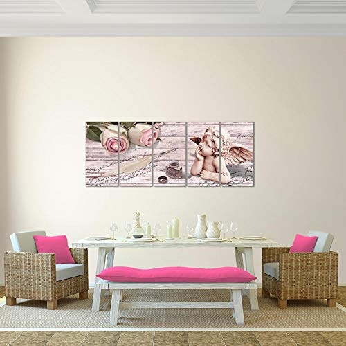 Bilder Engel Blumen Wandbild 150 x 60 cm Vlies - Leinwand Bild XXL Format Wandbilder Wohnzimmer Wohnung Deko Kunstdrucke Pink 5 Teilig - MADE IN GERMANY - Fertig zum Aufhängen 005756b