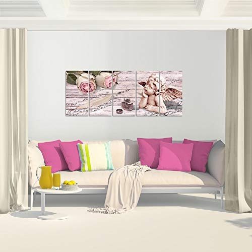 Bilder Engel Blumen Wandbild 150 x 60 cm Vlies - Leinwand Bild XXL Format Wandbilder Wohnzimmer Wohnung Deko Kunstdrucke Pink 5 Teilig - MADE IN GERMANY - Fertig zum Aufhängen 005756b
