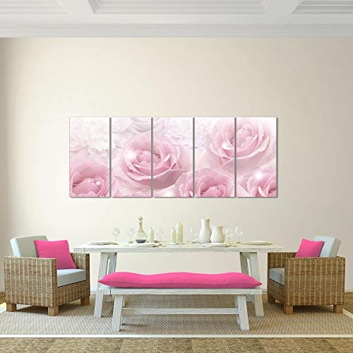 Bilder Blumen Rosen Wandbild 200 x 80 cm Vlies - Leinwand Bild XXL Format Wandbilder Wohnzimmer Wohnung Deko Kunstdrucke Pink 5 Teilig - MADE IN GERMANY - Fertig zum Aufhängen 017255a