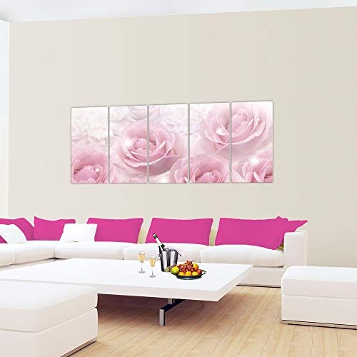 Bilder Blumen Rosen Wandbild 200 x 80 cm Vlies - Leinwand Bild XXL Format Wandbilder Wohnzimmer Wohnung Deko Kunstdrucke Pink 5 Teilig - MADE IN GERMANY - Fertig zum Aufhängen 017255a