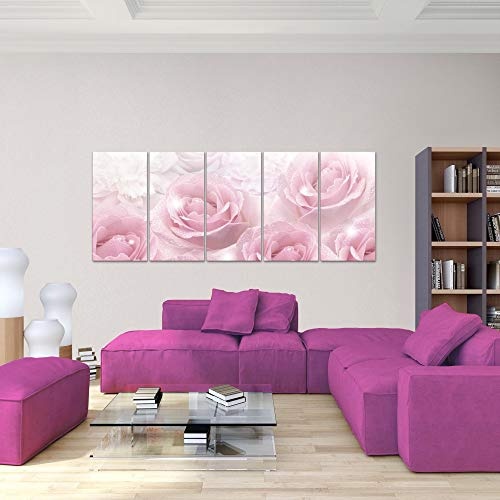 Bilder Blumen Rosen Wandbild 200 x 80 cm Vlies - Leinwand Bild XXL Format Wandbilder Wohnzimmer Wohnung Deko Kunstdrucke Pink 5 Teilig - MADE IN GERMANY - Fertig zum Aufhängen 017255a