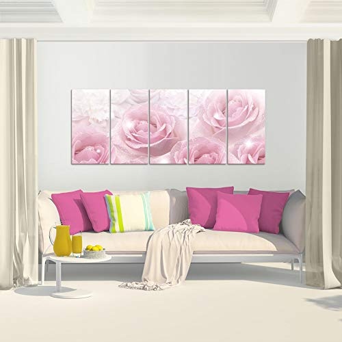 Bilder Blumen Rosen Wandbild 200 x 80 cm Vlies - Leinwand Bild XXL Format Wandbilder Wohnzimmer Wohnung Deko Kunstdrucke Pink 5 Teilig - MADE IN GERMANY - Fertig zum Aufhängen 017255a