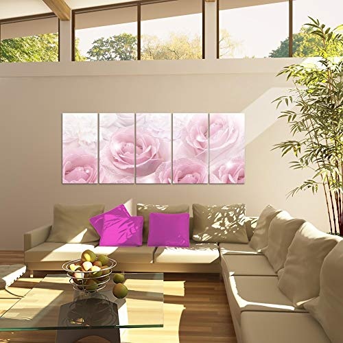 Bilder Blumen Rosen Wandbild 200 x 80 cm Vlies - Leinwand Bild XXL Format Wandbilder Wohnzimmer Wohnung Deko Kunstdrucke Pink 5 Teilig - MADE IN GERMANY - Fertig zum Aufhängen 017255a