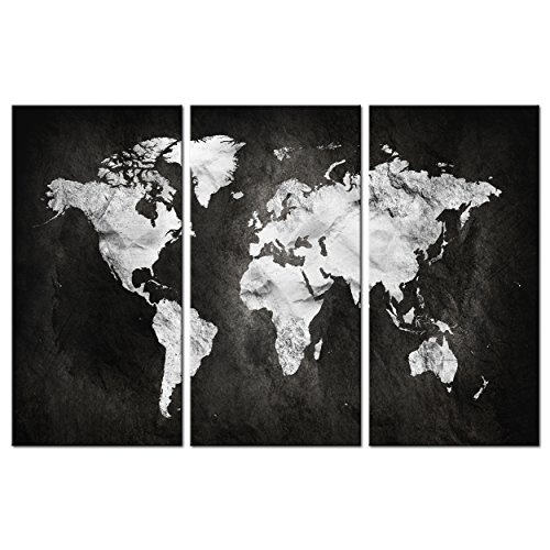 decomonkey Bilder Weltkarte schwarz 60x40 cm 3 Teilig Leinwandbilder Bild auf Leinwand Vlies Wandbild Kunstdruck Wanddeko Wand Wohnzimmer Wanddekoration Deko grau Welt Karte Kontinente Landkarte