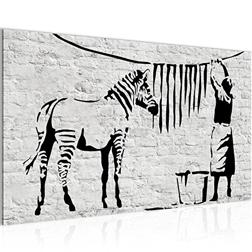Bilder Washing Zebra - Banksy Graffiti Wandbild Vlies - Leinwand Bild XXL Format Wandbilder Wohnzimmer Wohnung Deko Kunstdrucke Schwarz Weiß 1 Teilig - MADE IN GERMANY - Fertig zum Aufhängen 303214a