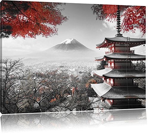 Pixxprint Japanischer Tempel im Herbst Schwarz/Weiß, Format: 100x70 auf Leinwand