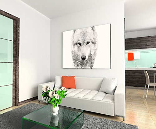 Sinus Art Wandbild 120x80cm Bild - Wolfskopf mit Tannenwald