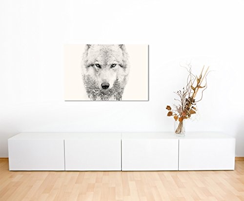 Sinus Art Wandbild 120x80cm Bild - Wolfskopf mit Tannenwald