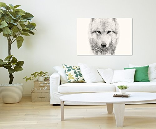 Sinus Art Wandbild 120x80cm Bild - Wolfskopf mit Tannenwald