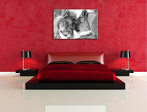 Bezauberndes kuschelndes Löwenpaar schwarz/weiß Format: 120x80 auf Leinwand, XXL riesige Bilder fertig gerahmt mit Keilrahmen, Kunstdruck auf Wandbild mit Rahmen, günstiger als Gemälde oder Ölbild, kein Poster oder Plakat