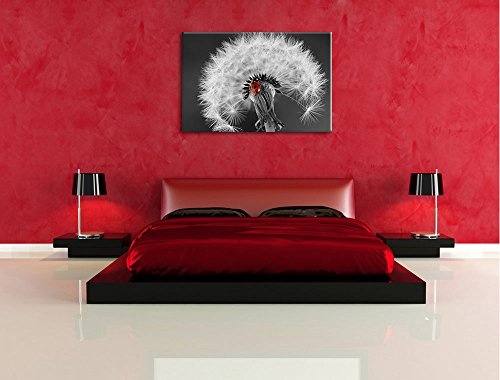 schöner Marienkäfer auf Pusteblume schwarz/weiß Format: 100x70 auf Leinwand, XXL riesige Bilder fertig gerahmt mit Keilrahmen, Kunstdruck auf Wandbild mit Rahmen, günstiger als Gemälde oder Ölbild, kein Poster oder Plakat