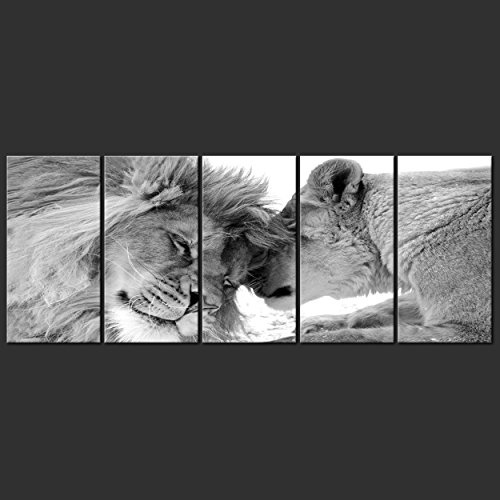decomonkey Bilder Löwe 200x80 cm 5 Teilig Leinwandbilder XXL Bild auf Leinwand Vlies Wandbild Kunstdruck Wanddeko Wand Wohnzimmer Wanddekoration Deko Tiere Afrika Katze schwarz weiß