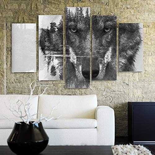 Feeby. Wolf Mehrteilige Leinwandbilder 5 Panel Typ A, Größe: 100x70 cm, Tiere Natur SCHWARZ UND WEIß