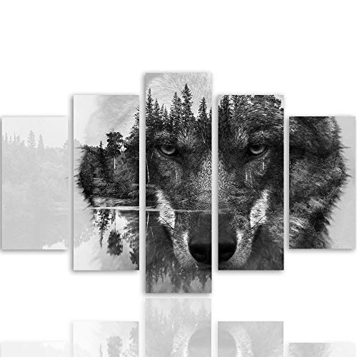 Feeby. Wolf Mehrteilige Leinwandbilder 5 Panel Typ A, Größe: 100x70 cm, Tiere Natur SCHWARZ UND WEIß