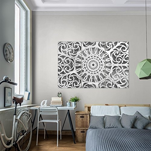 Bilder Mandala Abstrakt Wandbild 120 x 80 cm Vlies - Leinwand Bild XXL Format Wandbilder Wohnzimmer Wohnung Deko Kunstdrucke Schwarz Weiß 3 Teilig - MADE IN GERMANY - Fertig zum Aufhängen 109631c