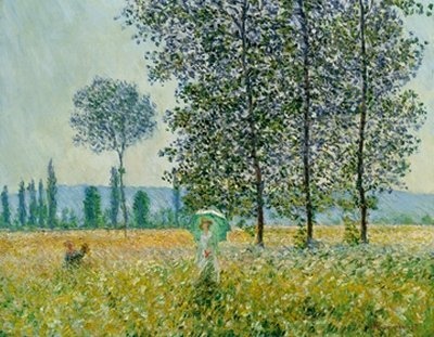 Art-Galerie Leinwandbild Claude Monet - Felder im Frühling - 64 x 50cm - Premiumqualität - Impressionismus, Blumenfeld, Spaziergängerin, Frau, Bäume, Pappeln, Sonnensc. - Made in Germany SHOPde