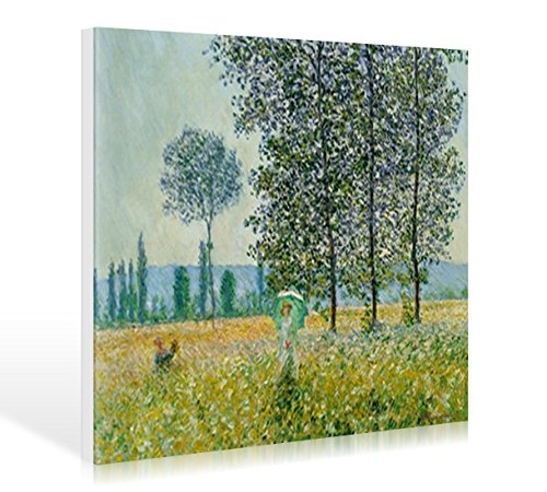 Art-Galerie Leinwandbild Claude Monet - Felder im Frühling - 64 x 50cm - Premiumqualität - Impressionismus, Blumenfeld, Spaziergängerin, Frau, Bäume, Pappeln, Sonnensc. - Made in Germany SHOPde