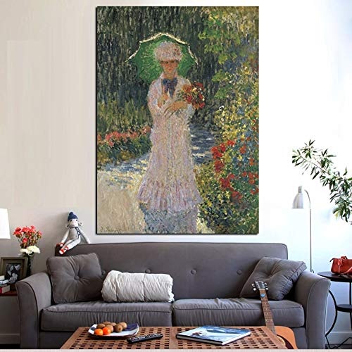 RQMQRL Print Claude Monet Spaziergang Frau Mit Sonnenschirm Ölgemälde Auf Leinwand Pop-Art-Wandbilder Für Wohnzimmer Sofa