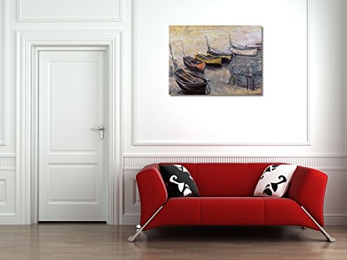 Claude Monet, Boote am Strand - 80x60 cm - Textil-Leinwandbild auf Keilrahmen - Wand-Bild - Kunst, Gemälde, Foto, Bild auf Leinwand - Alte Meister/Museum