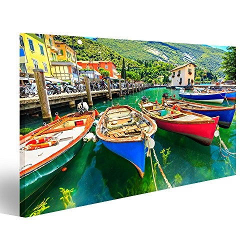 islandburner Bild Bilder auf Leinwand Sommerlandschaft und hölzerne Boote, See Garda, Torbole-Stadt, Italien, Europa Wandbild, Poster, Leinwandbild KNA