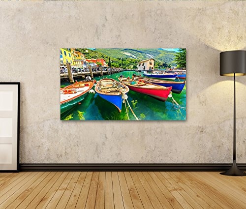 islandburner Bild Bilder auf Leinwand Sommerlandschaft und hölzerne Boote, See Garda, Torbole-Stadt, Italien, Europa Wandbild, Poster, Leinwandbild KNA