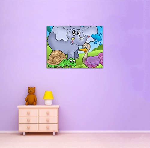 Keilrahmenbild - Kinderbild Tropische Tiere - Bild auf Leinwand - 120x90 cm einteilig - Leinwandbilder - Kinder - lustige Tiere - Elefant, Schildkröte und Strauß