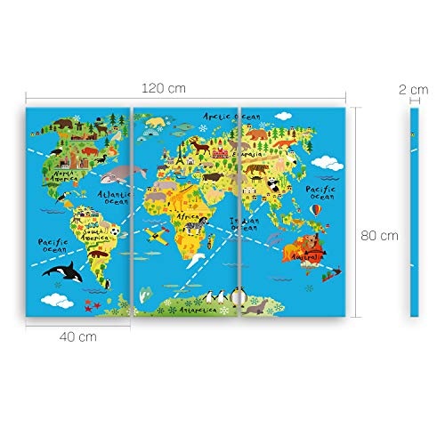 ge Bildet® hochwertiges Leinwandbild XXL - Weltkarte für Kinder - Hellblau - Bild für kinderzimmer - 120 x 80 cm mehrteilig (3 teilig) 2201 K