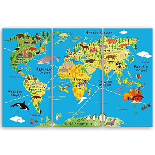 ge Bildet® hochwertiges Leinwandbild XXL - Weltkarte für Kinder - Hellblau - Bild für kinderzimmer - 120 x 80 cm mehrteilig (3 teilig) 2201 K