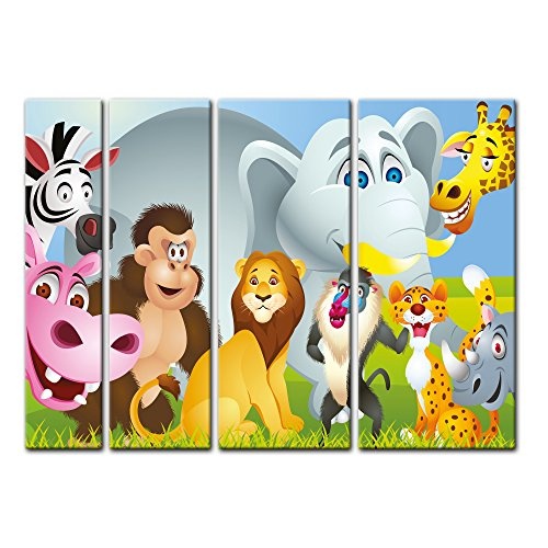 Keilrahmenbild - Kinderbild Tiere Cartoon IV - Bild auf Leinwand - 180x120 cm vierteilig - Leinwandbilder - Kinder - fröhliche, Wilde Tiere