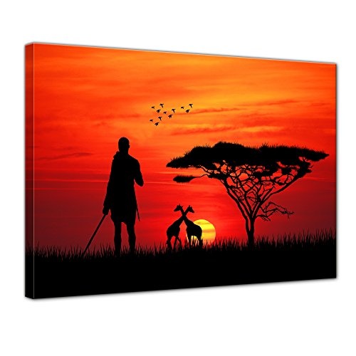 Keilrahmenbild Silhouette - Massai im Sonnenuntergang - 120x90 cm LeinKeilrahmenbilder Bilder als Leinwanddruck Fotoleinwand Urban & Graphic - Afrika - Krieger im Abendrot