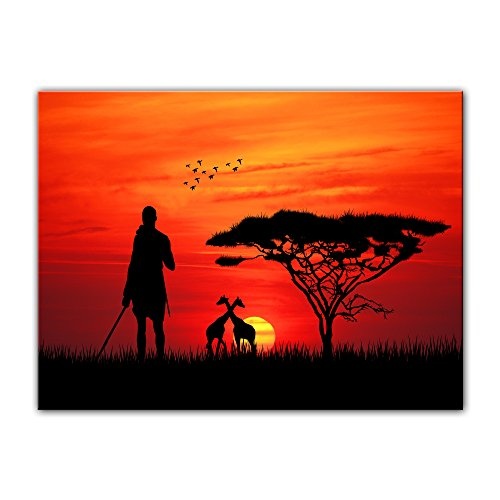 Keilrahmenbild Silhouette - Massai im Sonnenuntergang -...