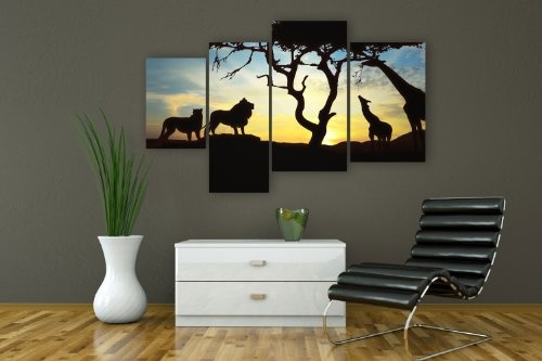 Leinwandbild Afrikanische Schatten LW427 Wandbild, Bild auf Leinwand, 4 Teile, 180x115cm, Kunstdruck Canvas, XXL Bilder, Keilrahmenbild, fertig aufgespannt, Bild, Holzrahmen, Afrika, Giraffe, Löwe