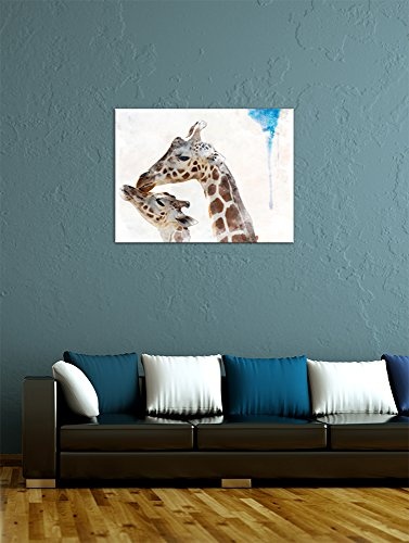 Keilrahmenbild - Aquarell - Giraffe - Bild auf Leinwand 120 x 90 cm einteilig - Leinwandbilder - Bilder als Leinwanddruck - Tierwelten - Malerei - Afrika - Giraffe und Ihr Junges