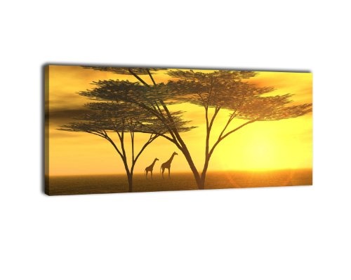 Leinwandbild Panorama Nr. 5 Afrika 100x40cm, Keilrahmenbild, Bild auf Leinwand, Savanne, Giraffe, Abendrot