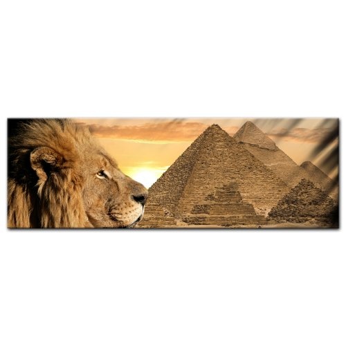 Keilrahmenbild - Löwe Pyramiden - Bild auf Leinwand - 160x50 cm - Leinwandbilder - Geist & Seele - Afrika - Ägypten - Hieroglyphen - Sonnenuntergang