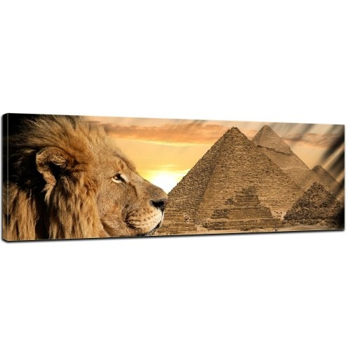 Keilrahmenbild - Löwe Pyramiden - Bild auf Leinwand - 160x50 cm - Leinwandbilder - Geist & Seele - Afrika - Ägypten - Hieroglyphen - Sonnenuntergang