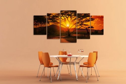 Leinwandbild Afrika Sonnenuntergang LW56 Wandbild, Bild auf Leinwand, 5 Teile, 210 x 100 cm, Kunstdruck Canvas, XXL Bilder, Keilrahmenbild, fertig aufgespannt, Bild, Holzrahmen