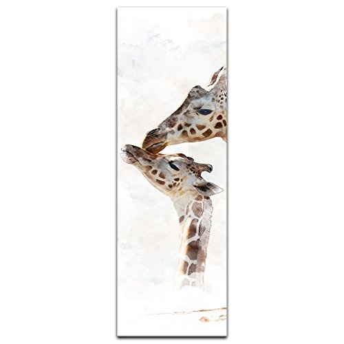 Keilrahmenbild - Aquarell - Giraffe - Bild auf Leinwand 40 x 120 cm einteilig - Leinwandbilder - Bilder als Leinwanddruck - Tierwelten - Malerei - Afrika - Giraffe und Ihr Junges