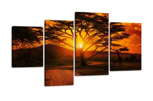 Leinwandbild Afrika Sonnenuntergang LW56 Wandbild, Bild auf Leinwand, 4 Teile, 180x115cm, Kunstdruck Canvas, XXL Bilder, Keilrahmenbild, fertig aufgespannt, Bild, Holzrahmen, Afrika, Giraffe, Abendrot