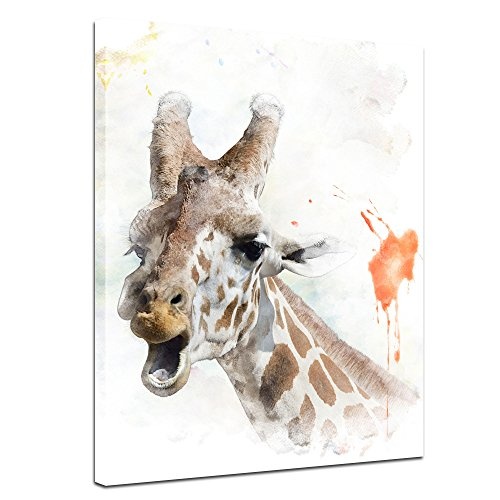Keilrahmenbild - Aquarell - Giraffe II - Bild auf Leinwand 90 x 120 cm einteilig - Leinwandbilder - Bilder als Leinwanddruck - Tierwelten - Malerei - Afrika - lachende Giraffe