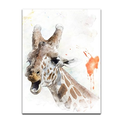 Keilrahmenbild - Aquarell - Giraffe II - Bild auf Leinwand 90 x 120 cm einteilig - Leinwandbilder - Bilder als Leinwanddruck - Tierwelten - Malerei - Afrika - lachende Giraffe