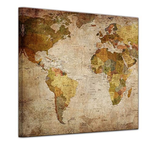 Keilrahmenbild - Weltkarte Retro - Bild auf Leinwand - 80 x 80 cm - Leinwandbilder - Bilder als Leinwanddruck - Urban & Graphic - Landkarte im Vintage-Stil