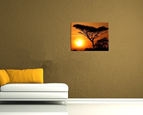 Keilrahmenbild - Akazienbaum im Sonnenuntergang, Tanzania Serengeti Afrika - Bild auf Leinwand - 120x90 cm - Leinwandbilder - Landschaften - Savanne - Silhouette - Tropen - tropisch
