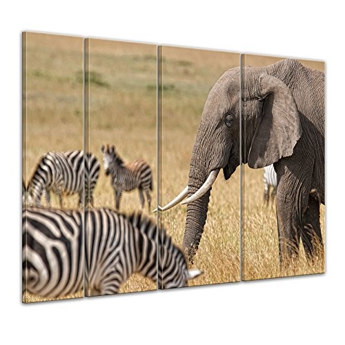 Keilrahmenbild - Afrika (Zebra und Elefant) - Bild auf Leinwand - 180 x 120 cm 4tlg - Leinwandbilder - Bilder als Leinwanddruck - Tierwelten - Natur -Afrika - afrikanische Fauna