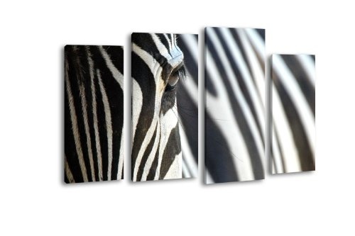 Leinwandbild Zebra LW54 Wandbild, Bild auf Leinwand, 4 Teile, 180x100cm, Kunstdruck Canvas, XXL Bilder, Keilrahmenbild, fertig aufgespannt, Bild, Holzrahmen, Afrika, schwarz, weiß,
