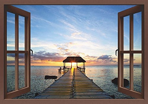 Artland Qualitätsbilder I Bild auf Leinwand Leinwandbilder Wandbilder 100 x 70 cm Landschaften Sonnenaufgang -untergang Meer Foto Blau C8VT Steg Silhouette Gegenlicht Mauritius Fensterblick